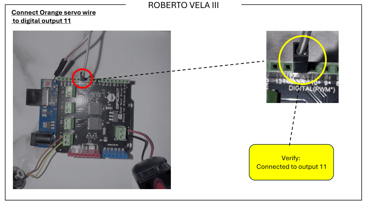 Servo signal wire routed to Arduino digital pin 11 — annotated commissioning step