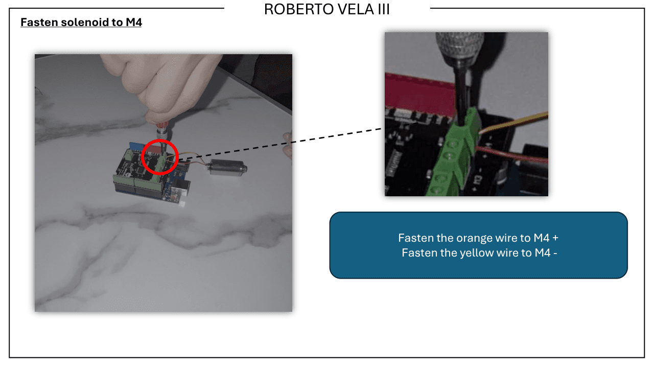 Solenoid valve conductor termination to M4 motor driver terminal — annotated assembly step