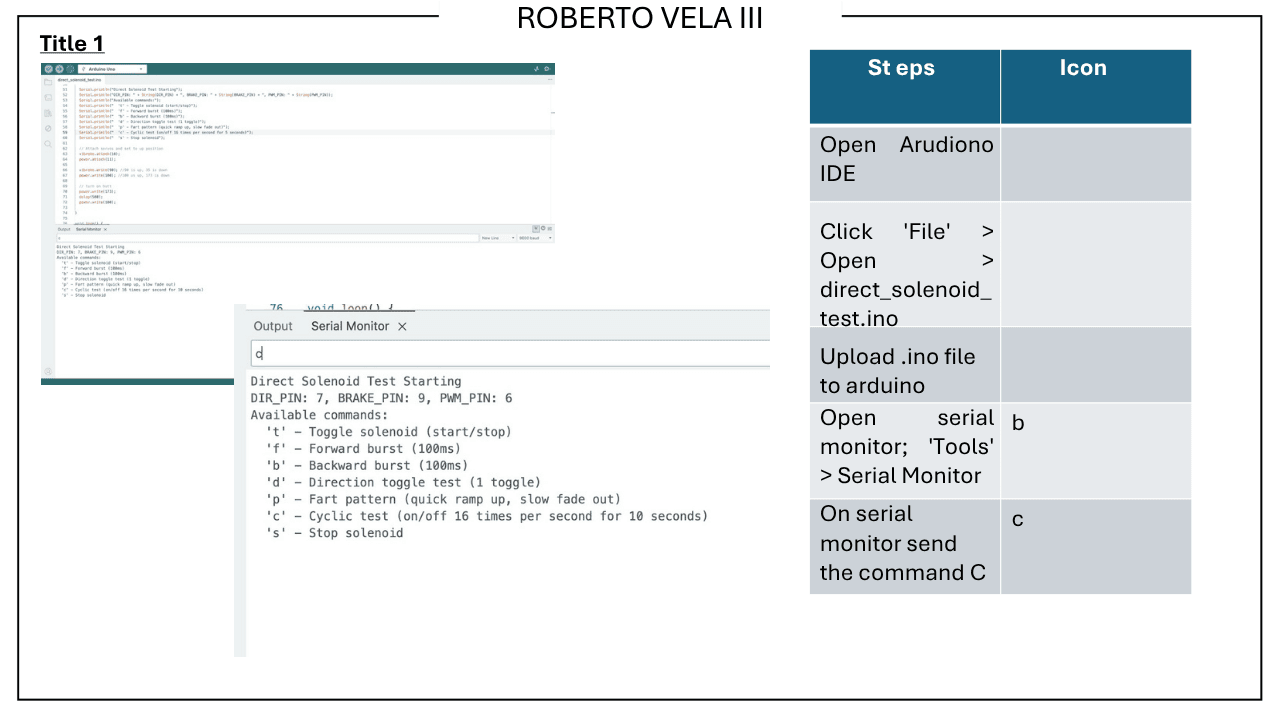 Arduino IDE Serial Monitor displaying direct solenoid test firmware command menu