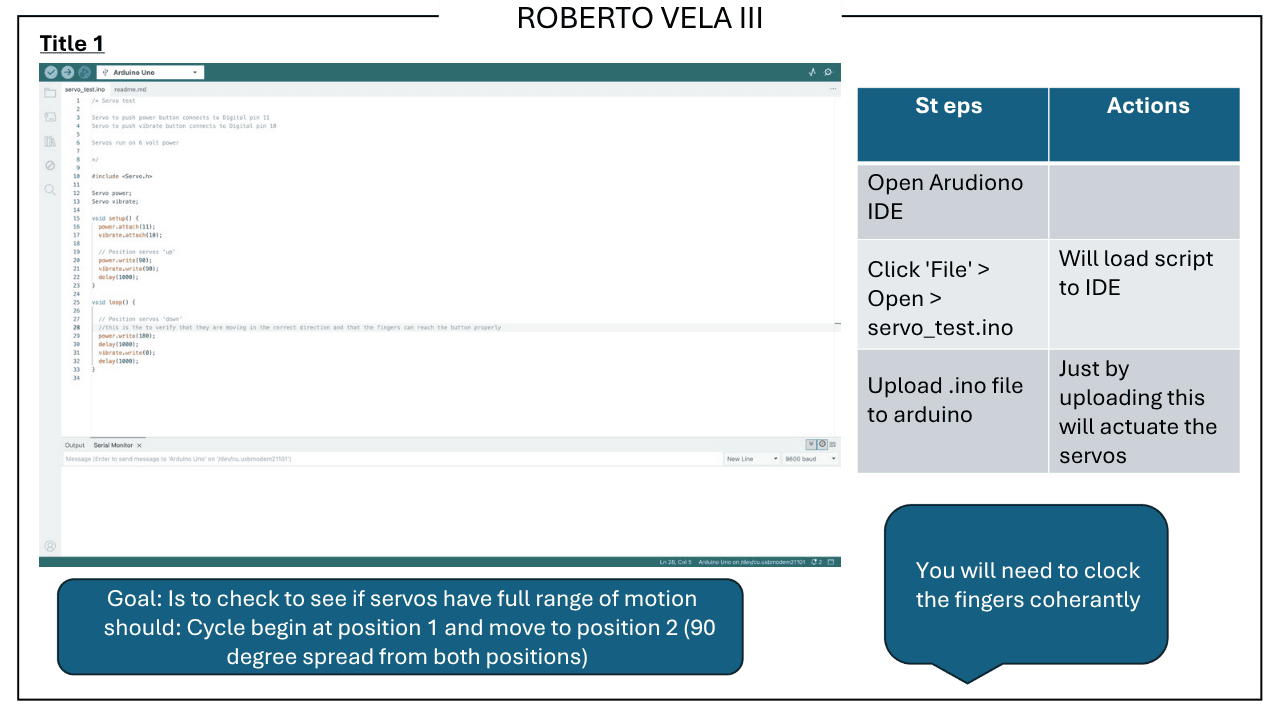 servo_test.ino Arduino IDE script — full range-of-motion checkout for dual servo actuators