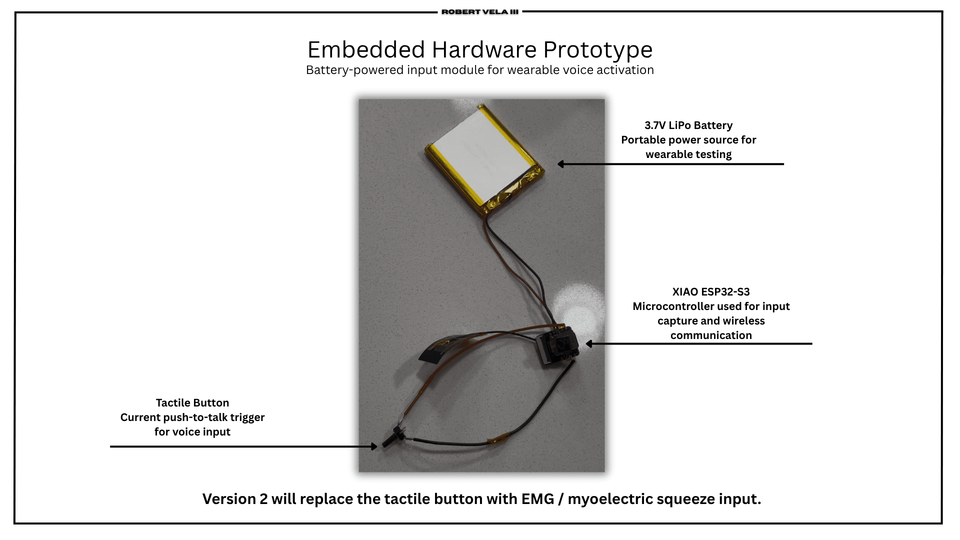 XIAO ESP32-S3 acoustic capture module with LiPo cell and PTT switch